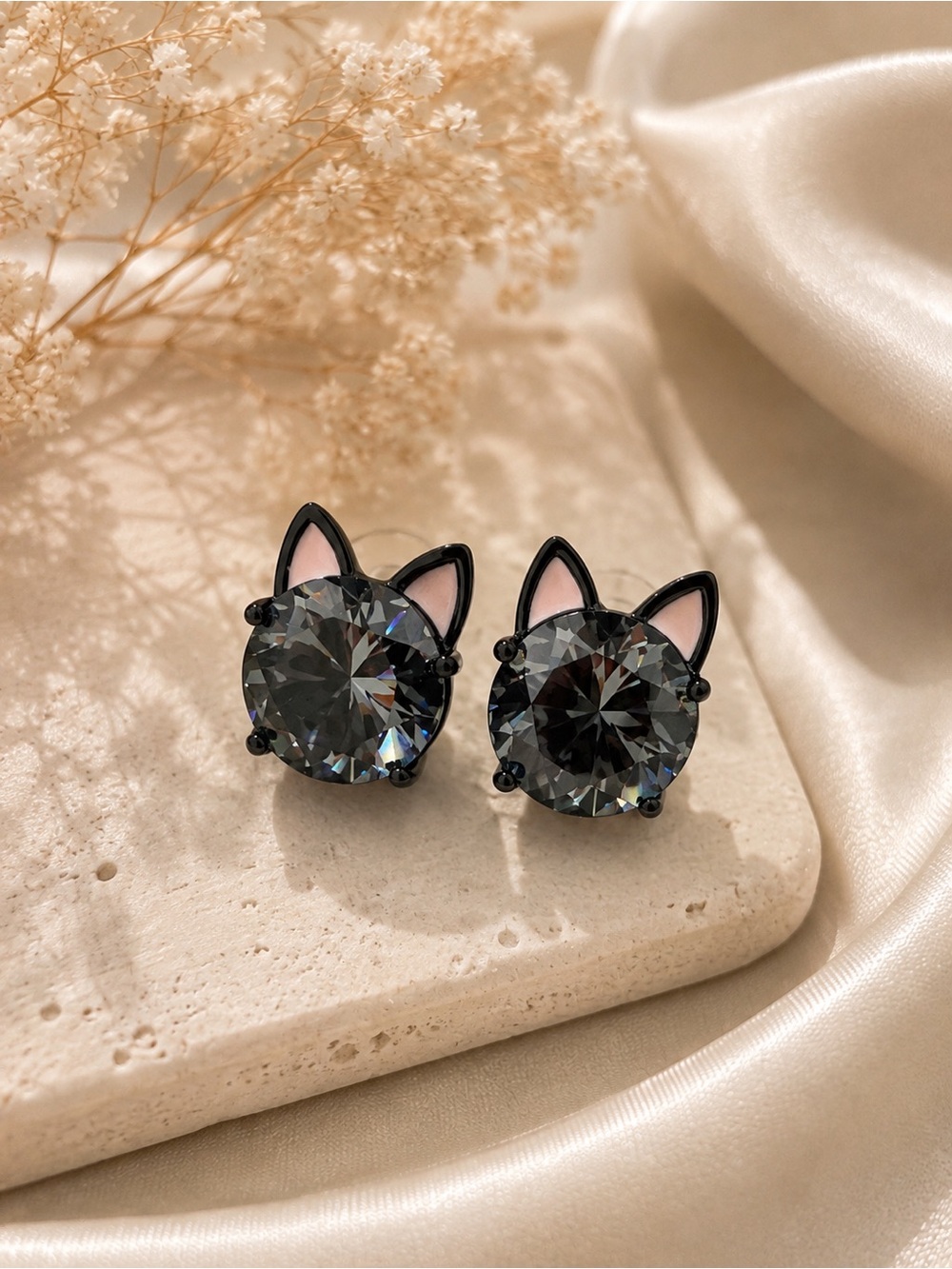 Black Cat Ear Stud Earrings with Pink Ear Detail